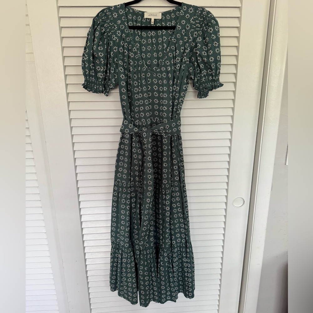 THE GREAT. Dark Green Floral Maxi Dress
